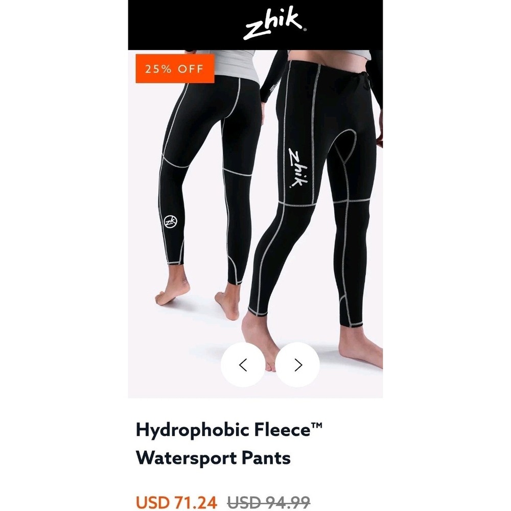 Zhik Hydrophobic Fleece Watersports Pants Black Small Unisex Sailing Tight